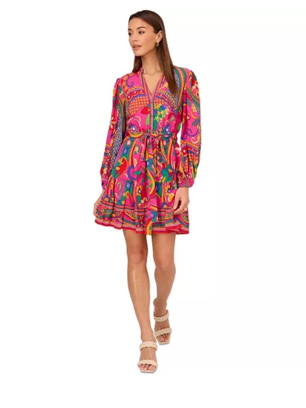 Adrianna Papell Pink Multicolor Paisley Long-Sleeve Mini Dress Shirt Tie Belt S